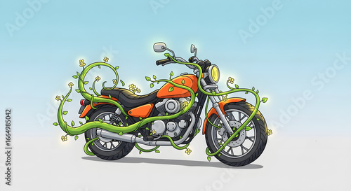 A captivating image of an orange motorcycle engulfed in winding vines and delicate yellow flowers, symbolizing the fusion of nature and technology in a whimsical cartoon style art medium
