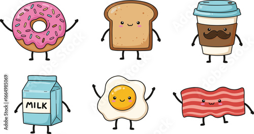 Cute breakfast food characters, smiling donut, bread slice, coffee cup with mustache, milk carton, fried egg, bacon strip, cartoon style.