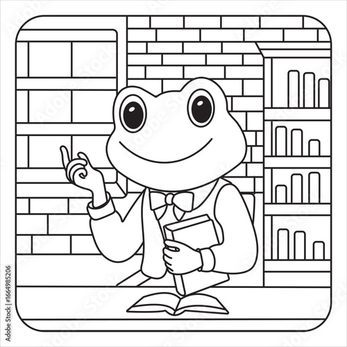 Cartoon Frog Teacher in Library