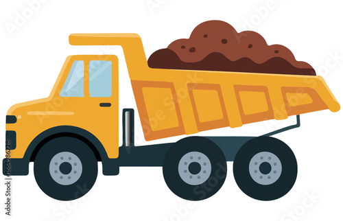 Yellow Dump Truck Carrying Soil – Construction and Industrial Heavy Equipment Vector Illustration Isolated on White Background.