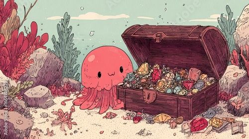 Cute pink jellyfish near treasure chest