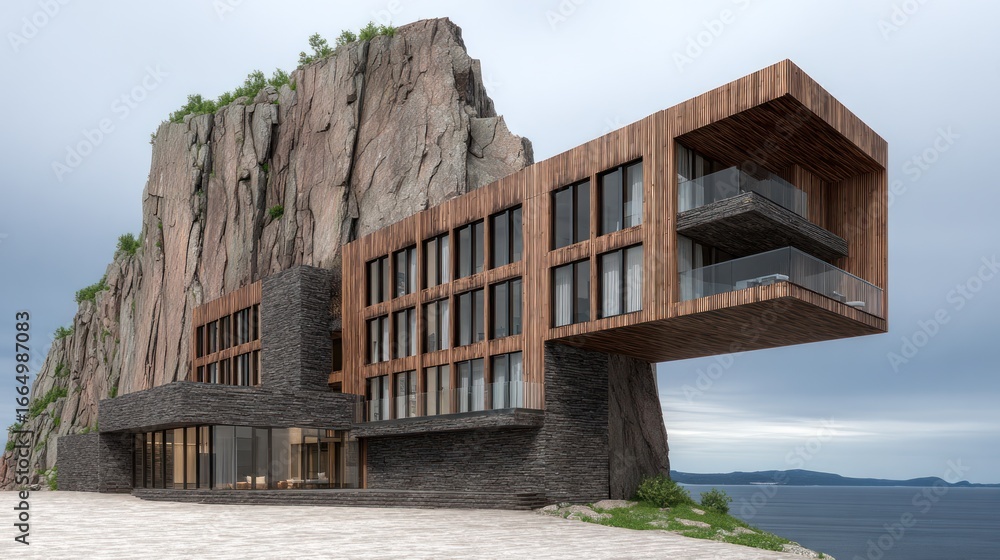 Fototapeta premium Modern hotel nestled against a rocky cliff overlooking a sea