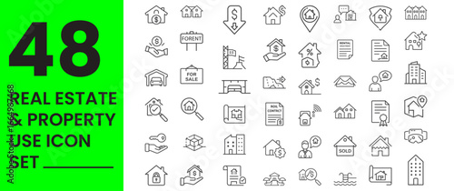 Real Estate and Property icon set use: House, Apartment, Real Estate Agent, For Sale Sign, For Rent Sign, Sold Property, Open House, Luxury Villa