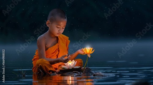 Young Monk Meditating by Lotus Flowers in Calm Water at Nighttime Serenity