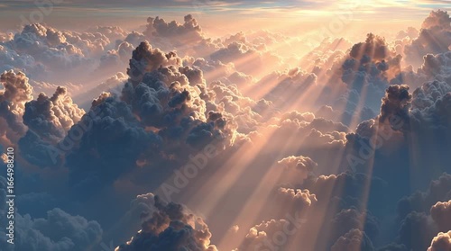 Ethereal Sunrise Over Majestic Clouds with Radiant Sunbeams Filtering Through Sky