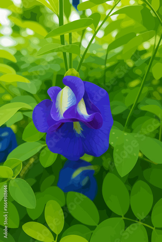 The image shows a close-up of a vibrant butterfly pea flower (Clitoria ternatea). The bloom is deep violet-blue with a soft white and yellow center, standing out beautifully against the fresh green le