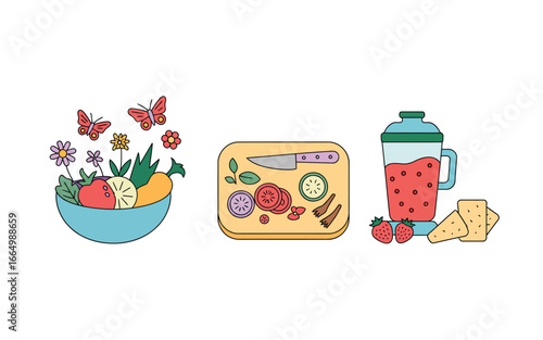 Healthy food and drink collection with butterflies and flowers