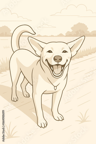 An illustration of a happy dog standing on a pathway in a natural outdoor setting. The dog is smiling widely with its mouth open, tongue visible, and ears perked up. Its tail is curled upwards, and it