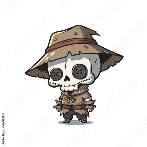 Cute skeleton scarecrow character with button eyes, tattered hat, and stitched clothing, blending spooky and charming rustic farmyard fantasy vibes.
