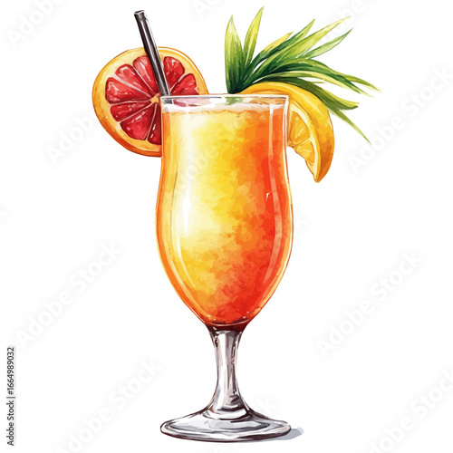 Tropical Cocktail, watercolor vector, isolated on a white background.