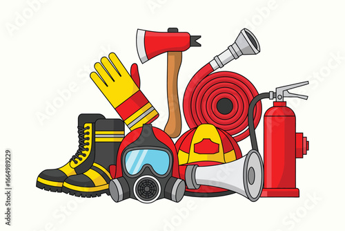 Collection of firefighter equipment and safety gear for emergency response