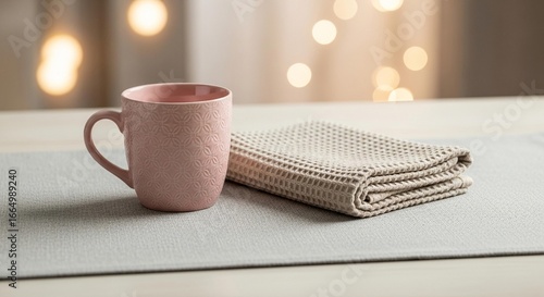 Pink mug and folded beige towel on a table with blurred lights background.