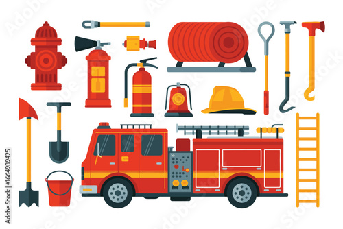 Collection of firefighter equipment and fire truck illustration