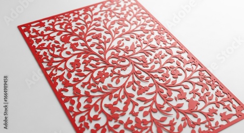Intricate red laser cut paper with floral pattern.
