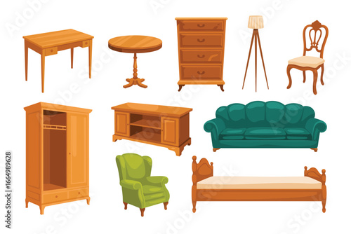 Collection of antique wooden furniture in a room setting