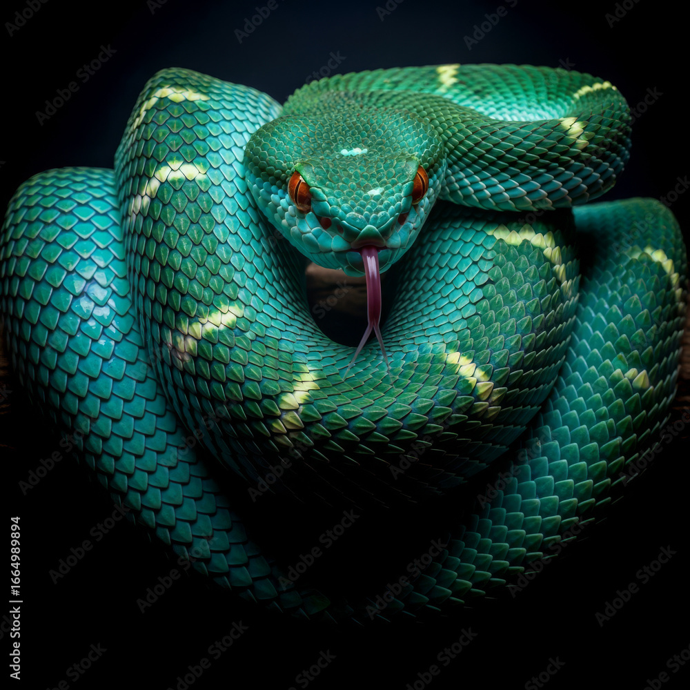 Obraz premium AI-generated image of a hyper-realistic green viper coiled in a defensive pose, its scales shimmering in emerald and teal shades with pale yellow streaks across the body.