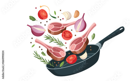 Raw lamb chops with vegetables and herbs flying out of a frying pan