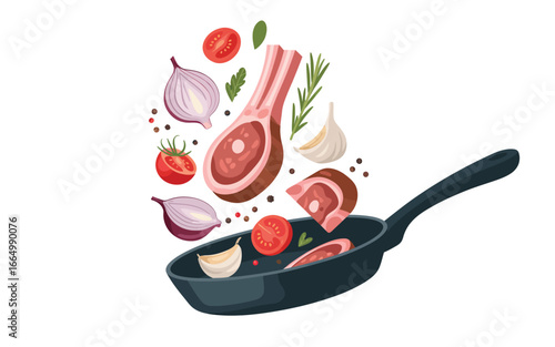 Raw meat ingredients falling into a frying pan for cooking