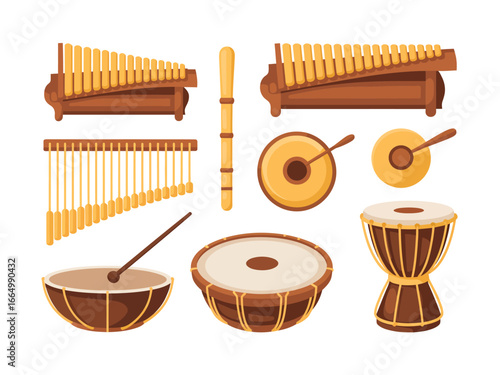 Collection of diverse wooden percussion and wind musical instruments