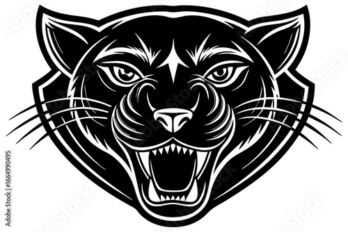 High-quality vector illustration of a fierce black panther head mascot logo. The aggressive roaring wild cat design features sharp fangs
