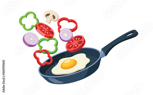 Fresh vegetables and fried egg cooking in a frying pan