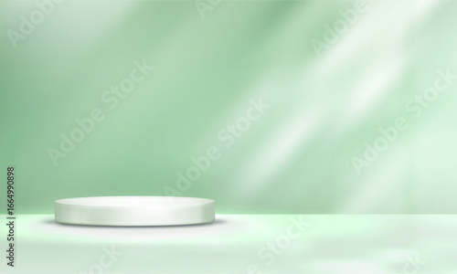 Background Pale Green Studio with shadow,light on wall interior,Green Podium Display Room with sunlight overlay on floor,Vector Minimal background for product presentation in Spring,Summer,Autumn 