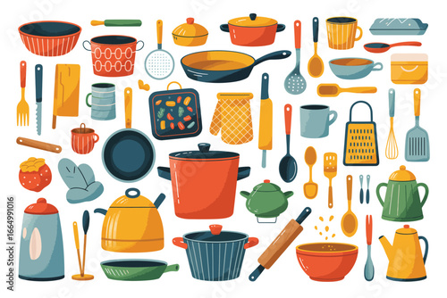 Collection of colorful kitchen utensils and cookware for cooking and baking
