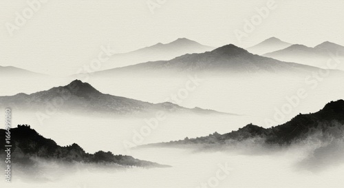 A serene and elegant background inspired by traditional East Asian ink wash painting. The minimalist landscape evokes a sense of peace, harmony, and timeless artistic tradition. 