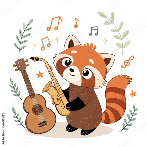 cute red panda Hand drawn banners template with musical instrument, guitar, saxophone. Doodle sketch style. Vector illustration for music shop, musical instrument banner, music festival flyer, brochur