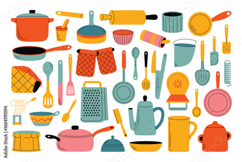 Colorful assortment of kitchen utensils and cookware