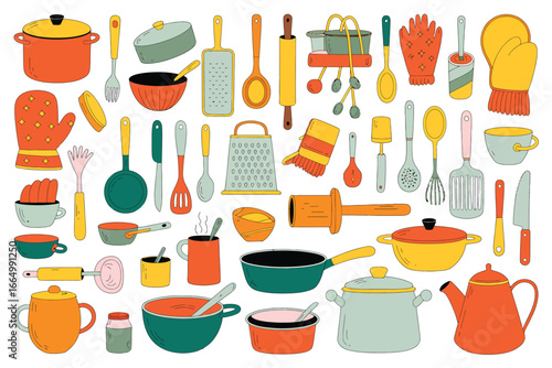 Colorful assortment of kitchen utensils and cookware