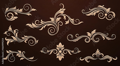 Collection of ornate vintage floral scroll ornaments on brown background image