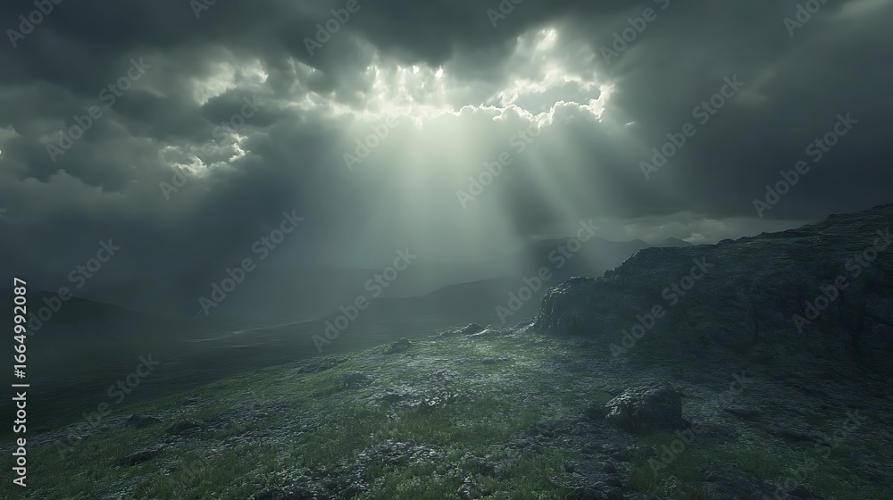 Naklejka premium Mountain landscape with dramatic sky and light beams photo
