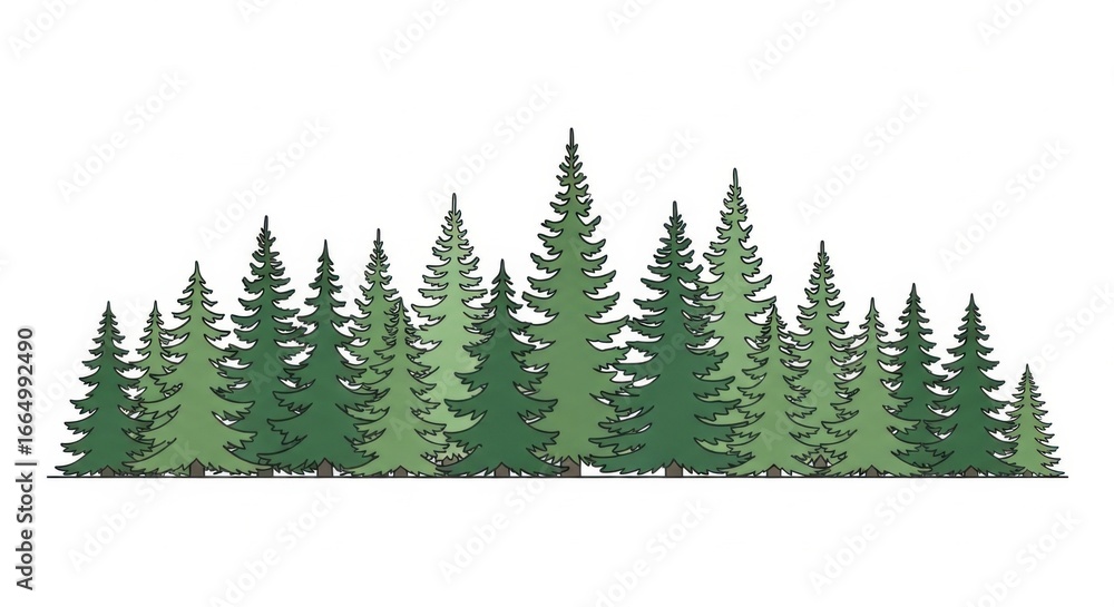 Obraz premium Illustration of Green Pine Trees Forest on White Background