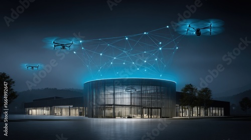 Modern building at night, connected by drones
