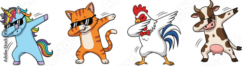 Funny cartoon animals dabbing dance pose, 