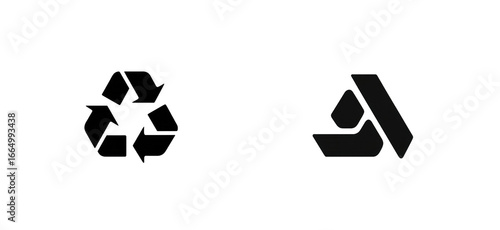 Two abstract symbols on a black background.  One symbol is a stylized recycling logo, the other a stylized, angular letter or logo