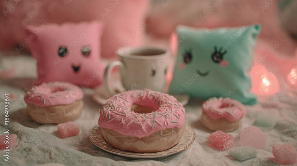 Pink donuts, tea, and pillows on a bed