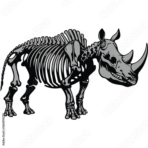 Rhino Skeleton Illustration Grey Anatomy Animal rhinoceros bones wildlife zoology paleontology extinct fossil graphic vector art design