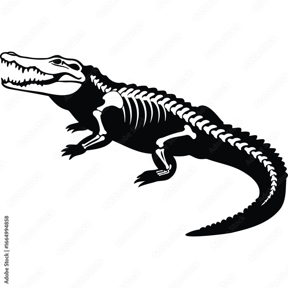 Fototapeta premium Alligator Skeleton Black and White Illustration crocodile bones reptile animal wildlife nature monochrome graphic vector design element