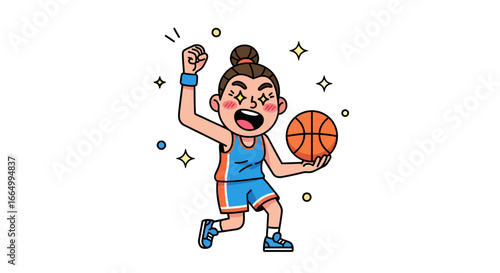 Vibrant illustration of an overjoyed female basketball player celebrating a magnificent victory on the court, radiating energy and excitement with her sports ball