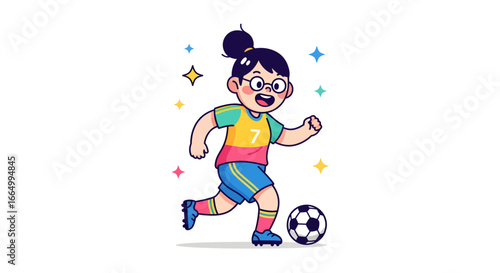 Dynamic illustration of a joyful young girl expertly dribbling a soccer ball across the field, showcasing her passion for the sport with vibrant energy and enthusiasm in a fun cartoon style