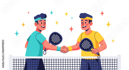 A vibrant illustration of two padel players shaking hands over the net, conveying excellent sportsmanship, fair play, and mutual respect after a competitive game