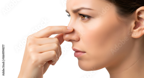 Woman pinching her nose unpleasant smell bad odor disgust reaction