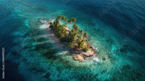 Aerial view of tropical island, palm trees, ocean, paradise, travel brochure