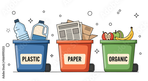 Efficient waste separation system with distinct recycling bins for plastic, paper, and organic materials, promoting environmental responsibility and sustainable living