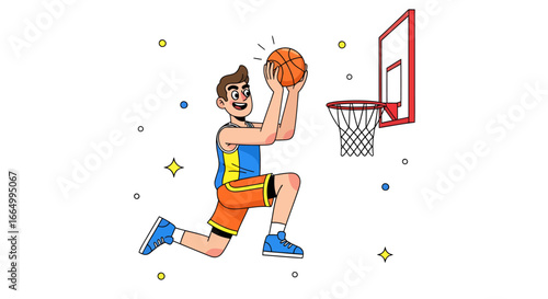 Dynamic illustration of a skilled male athlete executing an impressive basketball jump shot with focused determination, soaring towards the hoop during an exciting and energetic game moment