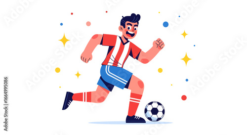 Vibrant illustration of a male soccer player in full sprint, skillfully dribbling the football, showcasing athletic determination and the dynamic spirit of the sport