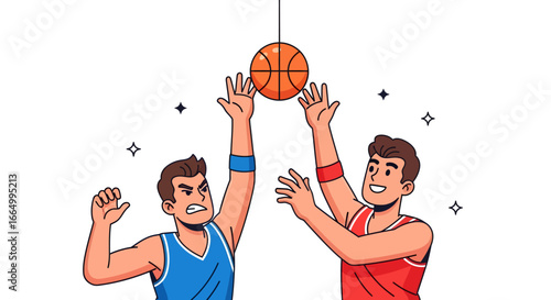 Illustration of two male basketball players competing for the ball in mid-air, capturing dynamic athletic rivalry and the thrilling action of a fast-paced game