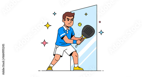 Dedicated male athlete in intense padel tennis match, showcasing fierce defense and determination on the court against a glass wall, embodying focus and competitive spirit